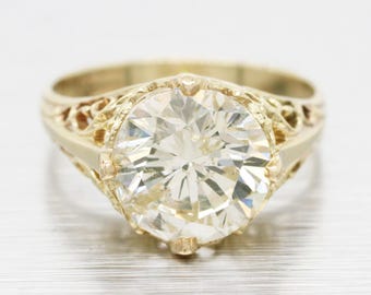 GIA 3.01ct Diamond 14k Yellow Gold Antique Art Deco Solitaire Engagement Ring