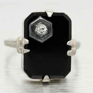Antique Art Deco 18k White Gold 0.05ct Diamond and Onyx Cocktail Ring