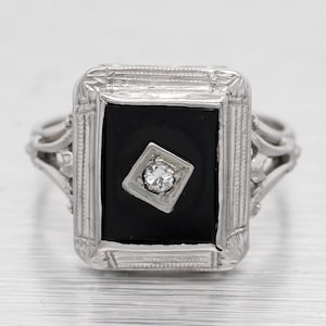 Antique Art Deco Rectangular Onyx & Diamond Signet Ring - 14k White Gold