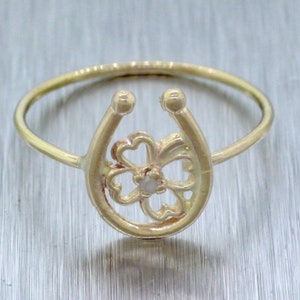 Vintage 0.01ct Diamond Petite Lucky Horseshoe Clover Ring in 14k Yellow Gold | Size 5.50