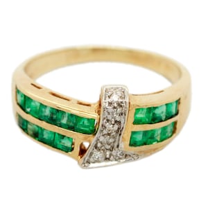 Vintage 14k Yellow Gold 0.60ctw Emerald and 0.15ctw Diamond Two Row Band Ring