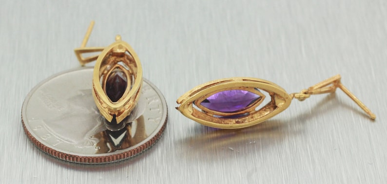 Vintage Estate 14k Solid Yellow Gold 3.5ctw~ Amethyst Marquise Dangle Earrings