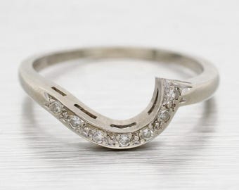 Antique Art Deco 14k White Gold 0.07ctw Diamond Curved Band Ring - Size 6 1/2