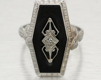 Antique Art Deco Diamond & Onyx Hexagon Cocktail Ring in 14k White Gold