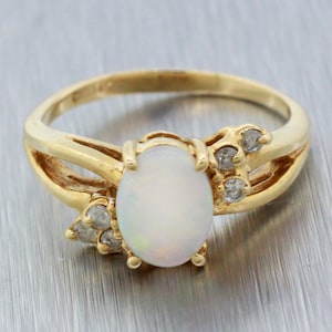 Vintage 1ct Opal and Diamond Split Shank Ring - 14k Yellow Gold - Size 5