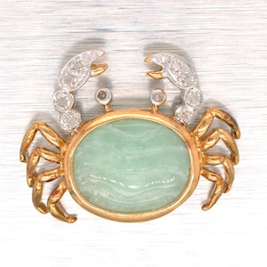 Dije vintage de cangrejo de jadeíta con cabujón verde - Oro amarillo de 10 k con diamantes