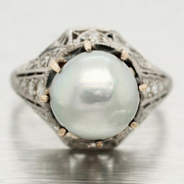Antique Art Deco Large Pearl & Diamond Ring - Platinum and Gold - Size 5.25