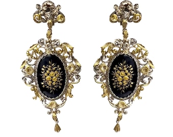 Antique Victorian 18k Yellow Gold Black Onyx & Pearl Oval Drop Dangle Earrings