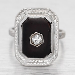 Antique Art Deco Black Onyx & Diamond Dinner Ring - 14k White Gold