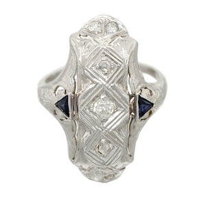 Antique Art Deco 18k White Gold 0.40ctw Diamond & Sapphire Cocktail Ring