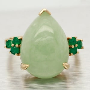 Vintage 14k Yellow Gold Large Jade Teardrop Cocktail Ring - Emerald Accents