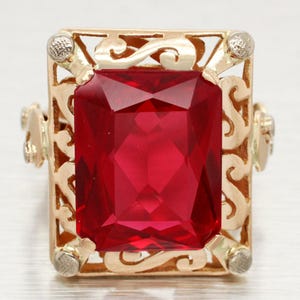 Antique Art Nouveau 18k Yellow Gold 14ct Rectangle Ruby Cocktail Ring - Size 7
