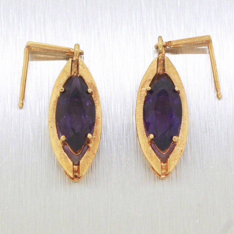 Vintage Estate 14k Solid Yellow Gold 3.5ctw~ Amethyst Marquise Dangle Earrings