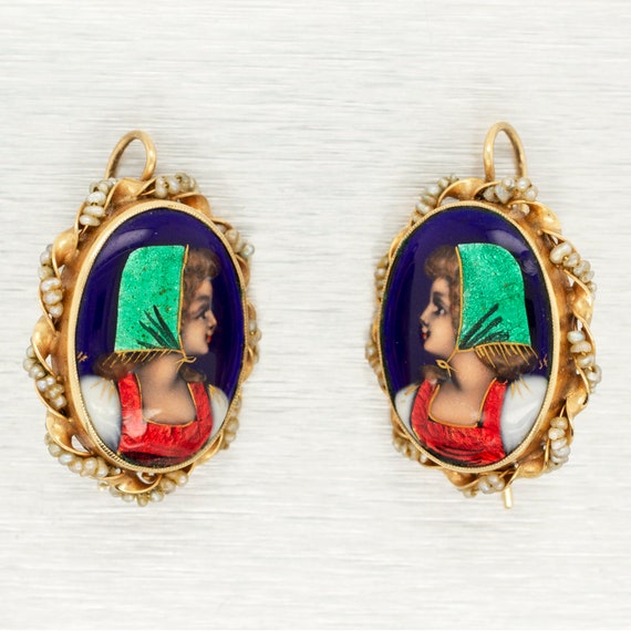 Antique French Blue Enamel Cameo Oval Earrings in… - image 1