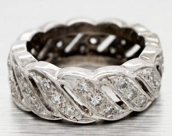 1930s Antique Art Deco 14k Solid White Gold 0.78ctw Diamond Swirl Band Ring