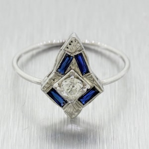 Antique Art Deco 18k White Gold 0.20ctw Diamond & Sapphire Pin Conversion Ring