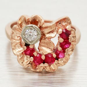 Antique Art Deco 14k Rose Gold 0.50ctw Ruby & Diamond Floral Cocktail Ring