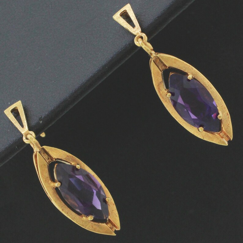 Vintage Estate 14k Solid Yellow Gold 3.5ctw~ Amethyst Marquise Dangle Earrings