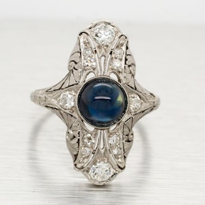 Antique Art Deco 18k White Gold Cabochon Sapphire Cocktail Ring - Diamond Accents