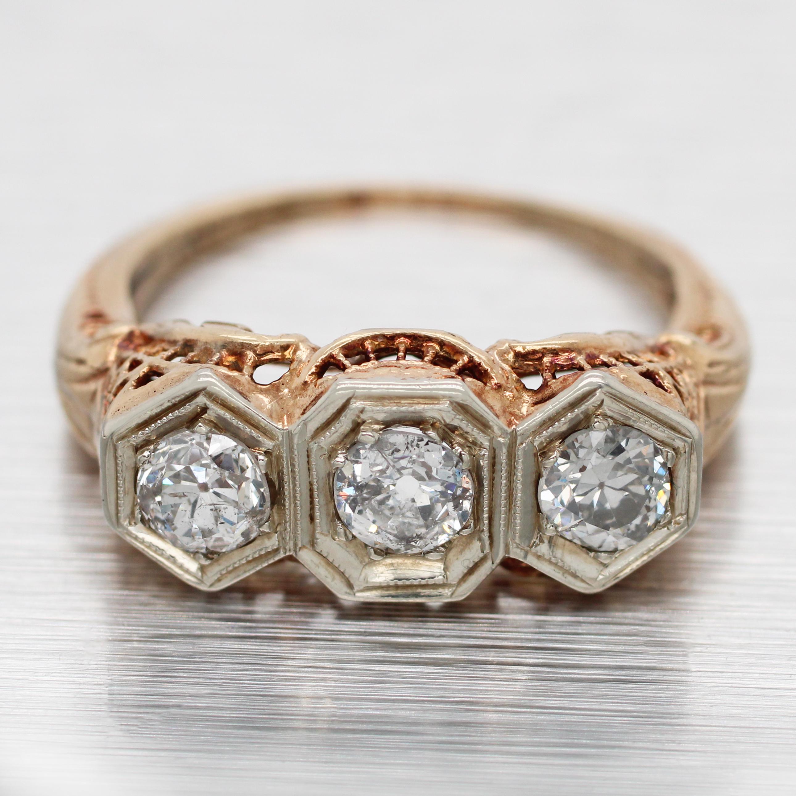 Antique Art Deco 0.50ctw Diamond Three-Stone Band Ring - 14k Yellow Gold | Size 6