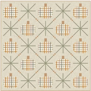 Könnte beinhalten: Ein Quiltmuster mit dem Titel "Preppy Pumpkins" von Kristin Quinn. Das Design zeigt ein sich wiederholendes Muster aus karierten Kürbissen in Braun-, Beige- und Grautönen, vor einem neutralen Hintergrund. Das Muster beinhaltet Optionen für Kinder- und große Würfe.
