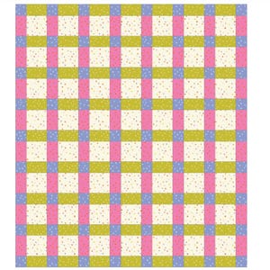 May include: A quilt pattern titled "Windowpane" by Kristin Quinn. The design features a grid pattern with alternating blocks of pink, green, and blue, with a cream-colored background dotted with small specks. The pattern is available in toddler, small throw, large throw, and twin sizes.