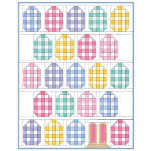 May include: A quilt pattern called "Bunny Kisses" by Kristin Quinn. The pattern features a large throw quilt with a checkered design in pastel colors. The quilt is 62 inches by 79 inches.