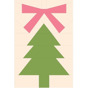 May include: A foundation paper pieced pattern titled "Tree Farm" by Kristin Quinn. The design features a green Christmas tree with a pink bow on a cream background. The finished block size is 8" x 12".