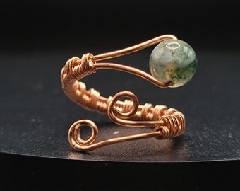 Moss Agate and Bare Copper Adjustable Ring Size 8 | Stone for Tranquility and Emotional Balance