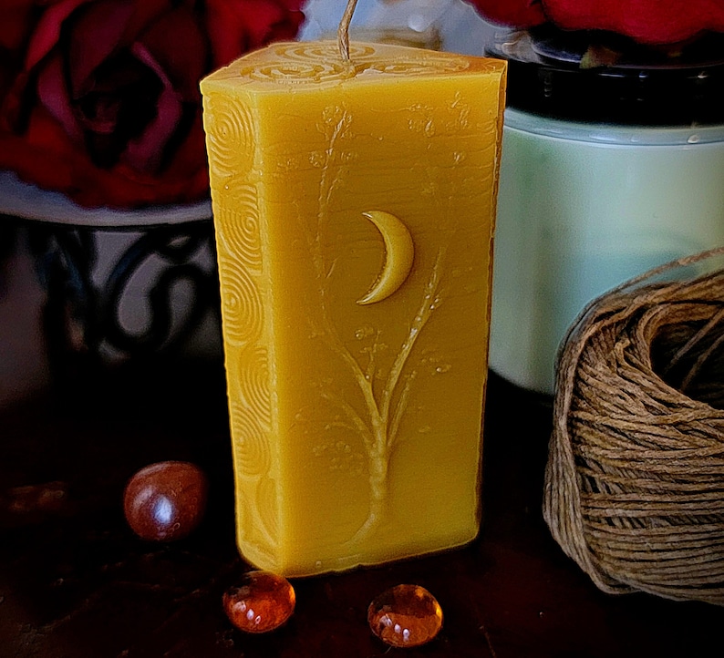 Moon Phases Beeswax Candle Handmade Spiral Triangle Pillar image 2