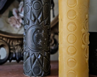 Sun & Moon Beeswax Pillar Candle | Handmade | Crescent Moon Phases |