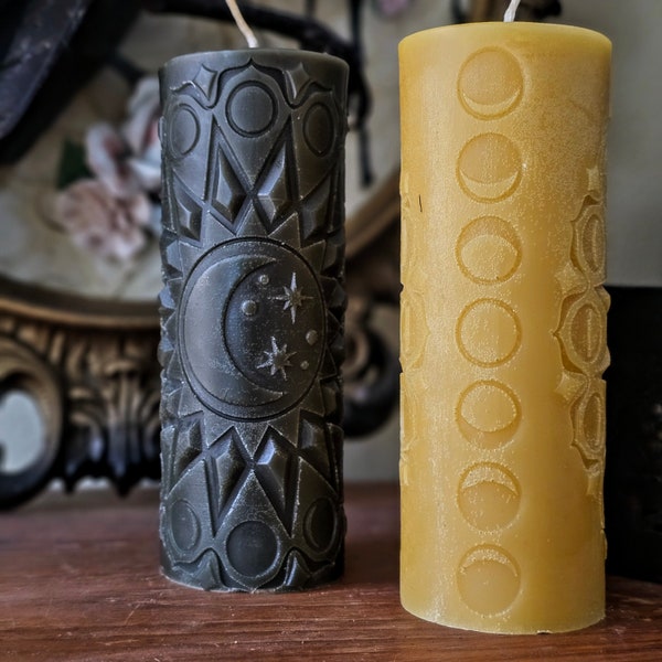 Sun & Moon Beeswax Pillar Candle | Handmade | Crescent Moon Phases |