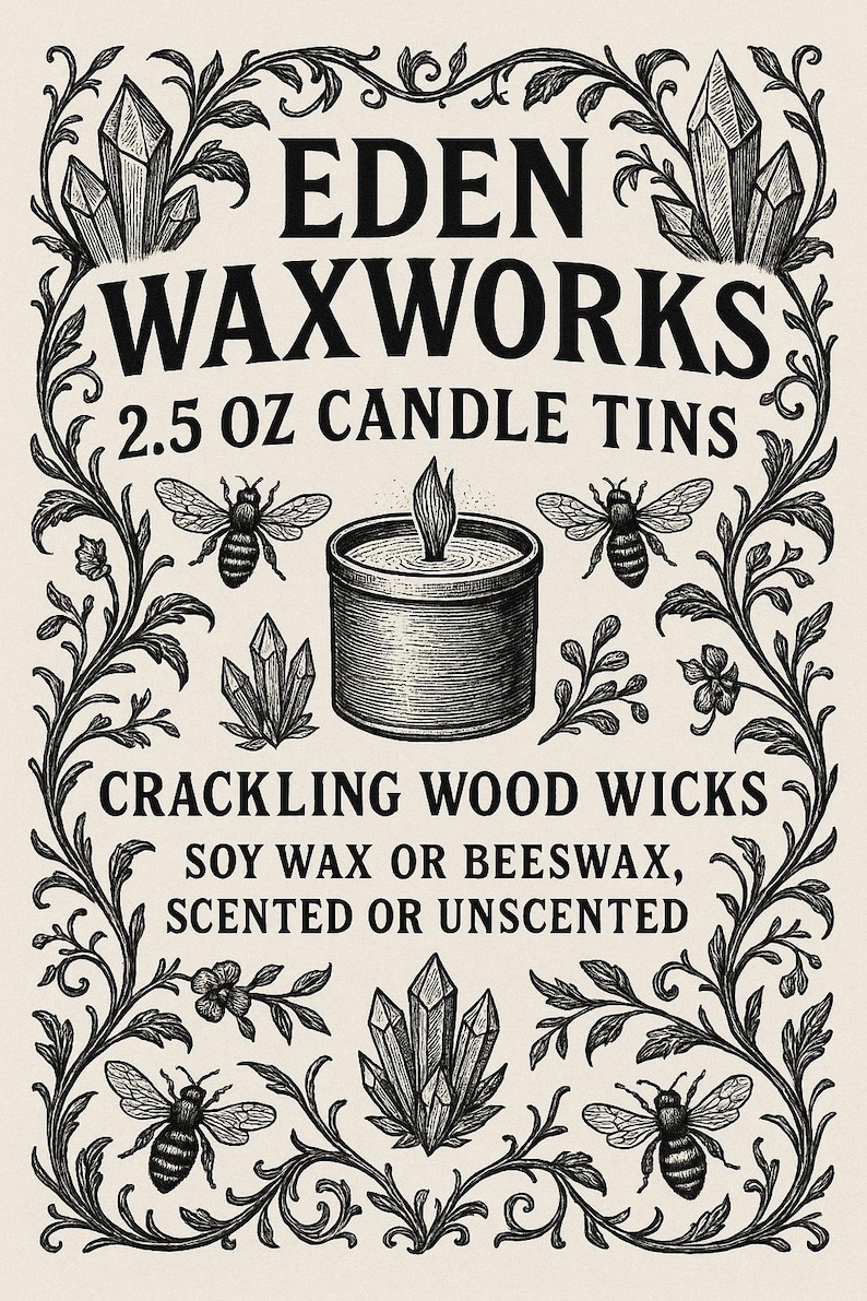 May include: An illustrated advertisement for Eden Waxworks candle tins. The design features a central candle illustration, bees, crystals, and botanical elements. Text includes "2.5 OZ CANDLE TINS", "CRACKLING WOOD WICKS", and "SOY WAX OR BEESWAX, SCENTED OR UNSCENTED".