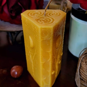 Moon Phases Beeswax Candle Handmade Spiral Triangle Pillar image 4