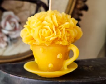 Tiny Teacup & Roses Handmade Beeswax Candle