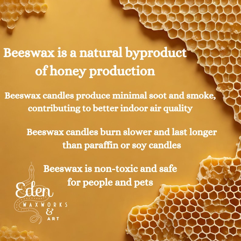 May include: A promotional image for Eden Waxworks & Art, featuring text about beeswax candles. The image has a warm yellow background with honeycomb accents. Text highlights beeswax as a natural byproduct, producing minimal soot, burning slower, and being non-toxic.