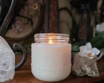 Sugar Pine Patchouli Hobnail Glass Jar Soy Wax Candle Handmade by Eden Waxworks