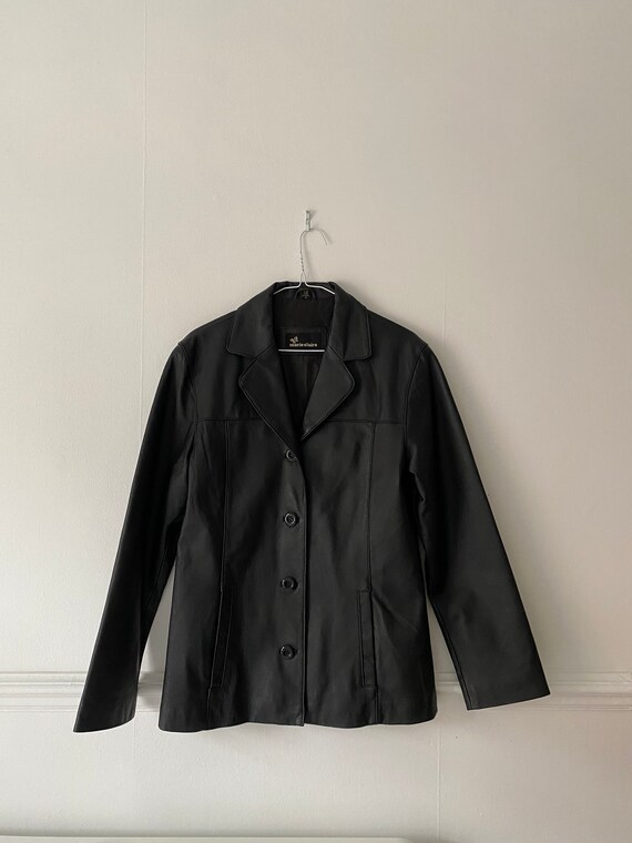 Vintage 1990s Black Leather Blazer Jacket Size Sma