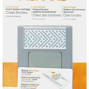 May include: A gray Fiskars AdvantEdge punch system cartridge for creating dotted herringbone borders. The cartridge is shown in a close-up view with the punch system sold separately.