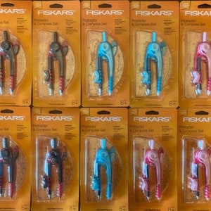 May include: Ten individually packaged protractors and compasses in a variety of colors, including red, blue, black, and pink. Each package features the Fiskars logo and the text "Protractor & Compass Set".