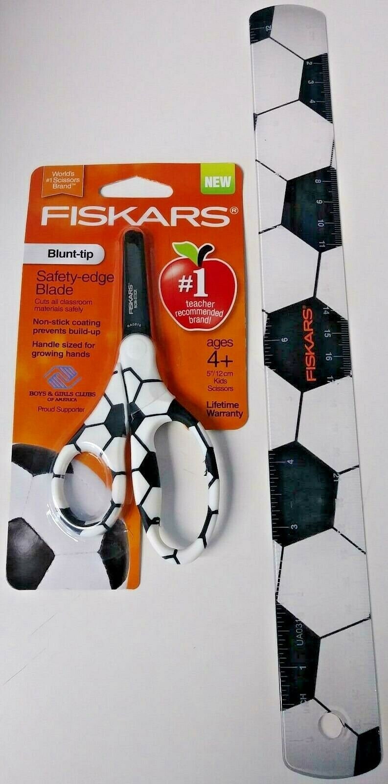 Fiskars 134162-1001 Soccer MVP 5 Non-stick Blunt-tip Kids Scissors & Ruler  