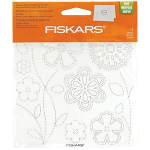 May include: A clear plastic Fiskars flower paper piercing stencil with a variety of floral designs. The stencil includes outlines of flowers and leaves, with dotted lines for piercing. The packaging is orange and white, with the text "Flower Paper Piercing Stencil".
