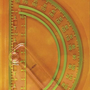 May include: A yellow and green plastic swing arm protractor with a lifetime warranty. The protractor has a clear plastic arm that swings to measure angles. The protractor is labeled with numbers from 0 to 180 degrees. The packaging is orange and has the text "FISKARS® Swing Arm Protractor" and "Easy Measuring Swing arm provides quick angle reading".