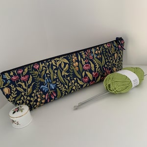 Handmade Knitting Needle Bag: Navy Floral Cotton Storage