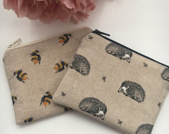 Handmade Linen Look Coin Purse: Bee, Hedgehog, Heart Pouch