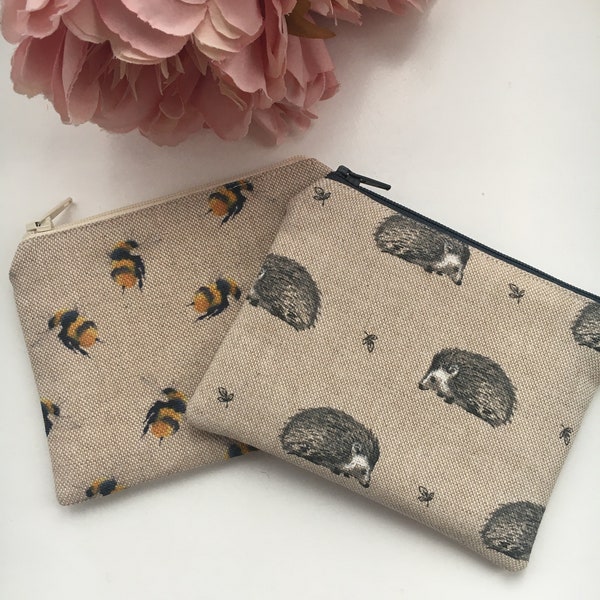 Coin Purse, Handmade Fabric Purse, Bee Purse, Hedgehog Purse, Heart Purse, Teachers  Gift, Bumblebee Pouch, Hare Purse, Valentines Gift