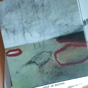 May include: A tarot card with a watercolor-style image of a gray and green landscape with red accents. The card is titled "Neuf de Batons" and "Deux de..." in French.