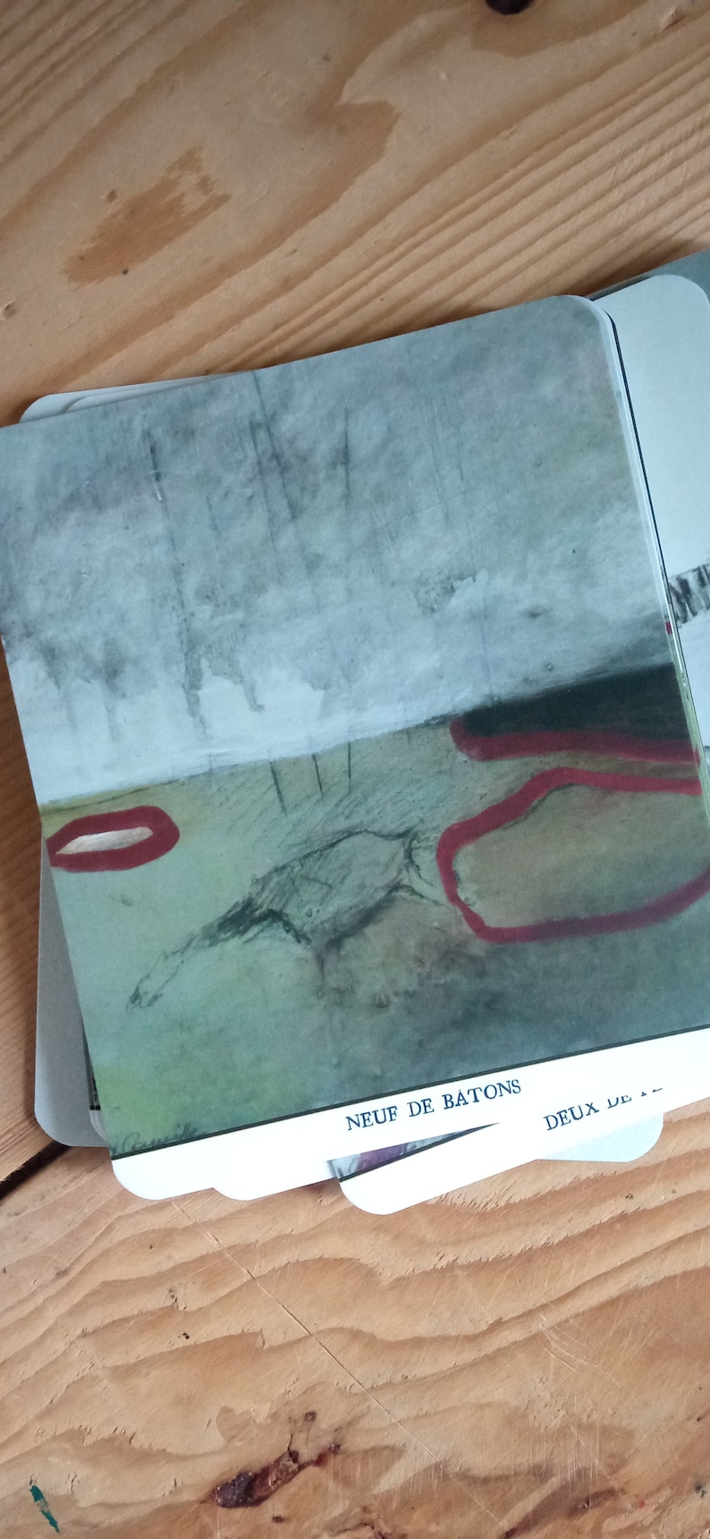 May include: A tarot card with a watercolor-style image of a gray and green landscape with red accents. The card is titled "Neuf de Batons" and "Deux de..." in French.