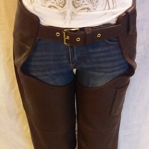 Dark Brown Leather Motorcycle Chaps Made in the USA - Size 2XS