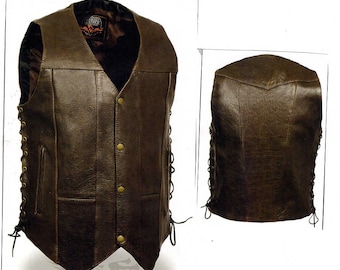 Men&#39;s Retro Brown Side Lace Vest Zipper Pockets